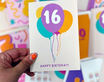 Carte colorée de ballon de 16e anniversaire, carte de joyeux 16e anniversaire, carte Sweet Sixteen