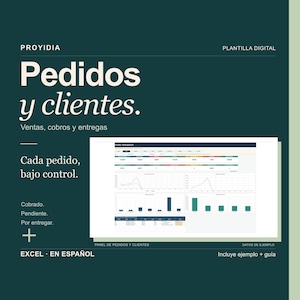 May include: A digital template for order and client management in Excel, featuring a dark green background with white text. The display shows a dashboard with data tables, line graphs, and bar charts for tracking sales, payments, and deliveries.