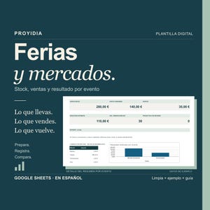 Könnte beinhalten: Eine digitale Vorlage für Google Sheets mit dem Titel Ferias y mercados auf dunkelblaugrünem Hintergrund mit weißem Text. Sie zeigt Finanztabellen für Lagerbestände, Verkäufe und Veranstaltungsergebnisse, inklusive eines Balkendiagramms.