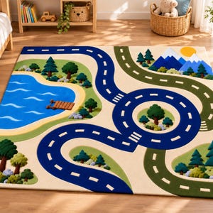 Handmade Tufted Road Map Rug, Adventure Landscape Nursery Playroom Decor (Custom Size)