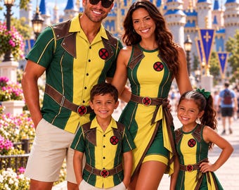 May include: A family wearing matching yellow and green outfits with brown accents and red X-Men logos. The clothing includes button-down shirts, a sleeveless dress, and a sleeveless top with a skirt, all featuring a belt design and a comic book theme.