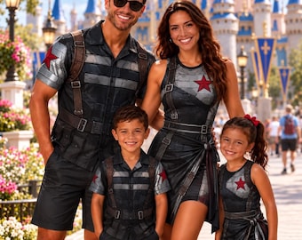 Winter Soldier Inspired Family Matching Outfit, Black Silver Red Superhero Vacation Shirt & Dress Set
