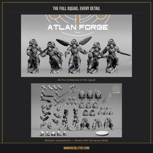May include: Five grey sci-fi soldier miniatures with jetpacks and wings, labeled ATLAN FORGE. Below, the modular components are displayed as separate parts including heads, arms, legs, and torso pieces, showing the full sprue detail for assembly.