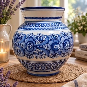 Puede incluir: Un jarrón de cerámica redondo con base blanca y complejos patrones florales azules y bandas geométricas. El jarrón presenta un borde ancho y acampanado, una base estrecha y un acabado brillante con motivos azules detallados.