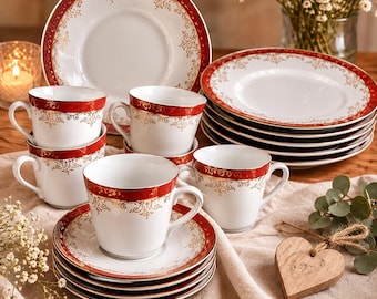 Juego de vajilla de porcelana checoslovaca vintage, con ornamentación en oro rojo (20 piezas)