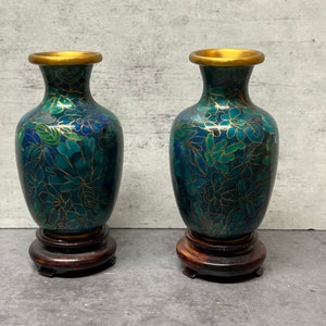Two Small Blue & Green Cloisonné Vases On Wooden Stands