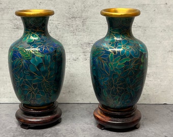 Two Small Blue & Green Cloisonné Vases On Wooden Stands