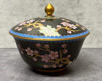 Cherry Blossom Black Cloisonné Enamel & Brass Lidded Bowl With Wooden Stand