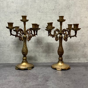 Pair Of Brass 5 Light Ornate Candelabras