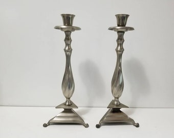 Two Tall Silver Metal Clawfoot Candlesticks | 11.5" | Triangle Base