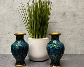 Two Small Blue & Green Cloisonné Vases