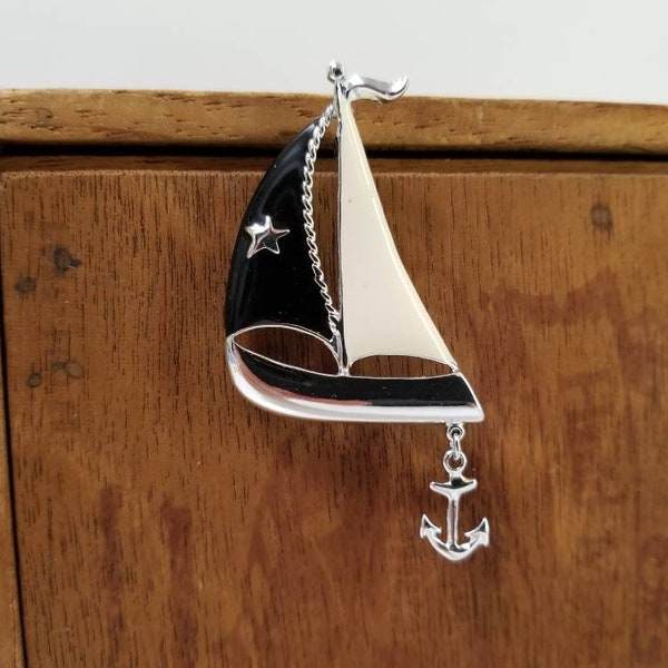 Blue & White Enamel Sailboat Brooch Pin