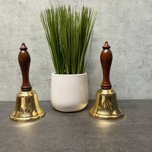 Two Heavy Brass Hand Bells With Wood Handles