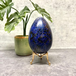 Large 4.5” Chinese Blue Flower Cloisonné Enamel Brass Egg With Stand