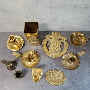 Brass Pineapple Collection - 5 Candlesticks Bell Toothpick Holder Trivet Match Holder & Welcome Plaque