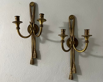 Large Vintage Brass Tassel Wall Sconces - Pair