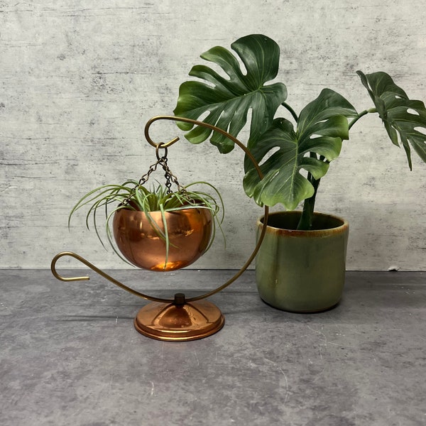 Small Copper & Brass Hanging Cauldron Planter With Stand