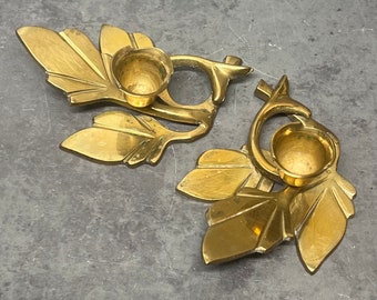 Two Brass Leaf Candle Holders