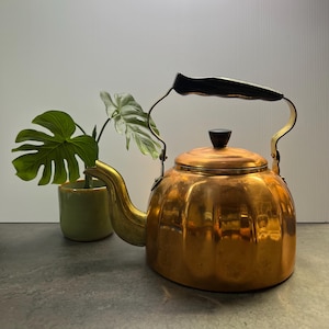 May include: A copper kettle with a black handle and a fluted design. The kettle is sitting on a gray surface with a green plant in the background.