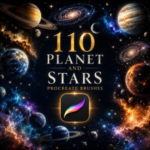 Może przedstawiać: Grafika cyfrowa przedstawiająca tło głębokiego kosmosu z różnymi planetami, gwiazdami i mgławicami. Tekst brzmi 110 PLANET AND STARS PROCREATE BRUSHES, wyśrodkowany nad kolorową, zakrzywioną ikoną aplikacji Procreate na czarnym tle.