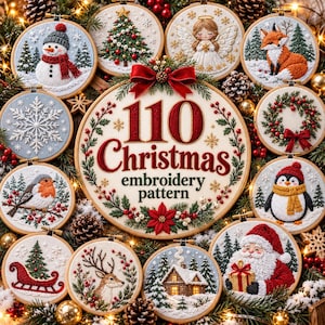 Puede incluir: Una colección de bastidores de bordado circulares con diseños navideños que incluyen un muñeco de nieve, un zorro, un petirrojo, un pingüino, Santa Claus, un reno, un trineo, una cabaña, una corona, un copo de nieve, un ángel y un árbol con el texto 110 Christmas embroidery pattern.