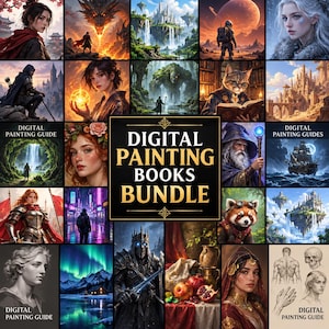 Puede incluir: Un paquete de libros de pintura digital que presenta una colección de ilustraciones de fantasía, retratos y paisajes. El cuadrado negro central muestra el texto DIGITAL PAINTING BOOKS BUNDLE en oro, rodeado de varias escenas que incluyen dragones, castillos y personajes.