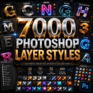 Può includere: Una visualizzazione grafica digitale con il testo 7000 PHOTOSHOP LAYER STYLES ULTIMATE CREATIVE EFFECTS COLLECTION. L'immagine mostra vari effetti di lettere metalliche, neon e olografiche, un menu di stili livello e una griglia di campioni colore.
