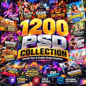 Op de afbeelding: Een digitale collectie van 1200 bewerkbare PSD-flyer- en grafische ontwerpsjablonen met een centrale goud- en zilverkleurige titel. De afbeelding toont diverse evenemententhema's zoals nachtclub, kerst, sport, Halloween, zomer, wellness, muziek, eten, strand, carnaval, DJ en zakelijk.