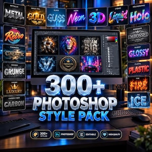 Puede incluir: Una pantalla digital que muestra un paquete de 300+ estilos de Photoshop con varios efectos de texto como metálico, oro, vidrio, neón, 3D, líquido, holográfico, retro, cinemático, grunge, lujo, carbono, relieve, brillante, plástico, fuego y hielo.