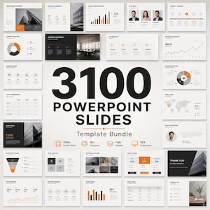 Peut inclure: Un ensemble de modèles de présentation numérique comprenant 3100 diapositives PowerPoint. La mise en page affiche de nombreuses vignettes de diapositives professionnelles, incluant des graphiques, des profils d'équipe et des calendriers de projet en noir, blanc et orange.