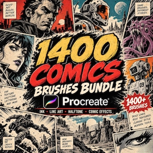 Könnte beinhalten: Ein digitales Pinsel-Set für Procreate mit dem Titel 1400 Comics Brushes Bundle. Die Grafik zeigt Illustrationen im Comic-Stil, darunter eine Person, ein Astronaut, ein Monster, ein Roboter und Landschaften, mit Texten wie 1400+ Brushes und Ink Line Art.