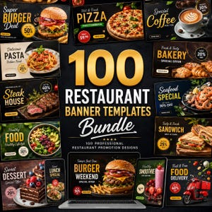 May include: A collection of 100 restaurant banner templates featuring various food items including burgers, pizza, coffee, pasta, bakery goods, steak, salads, sandwiches, and desserts, displayed on a dark background with promotional text.