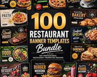 100 Restaurant Banner Templates Bundle | Food Promo, Cafe & Menu Ads (Digital Download)