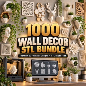 May include: A digital collection of 1000 wall decor STL files for 3D printing, featuring a variety of geometric wall art, planters, and animal sculptures. The display shows a computer monitor with design previews and a 3D printer with a white vase.