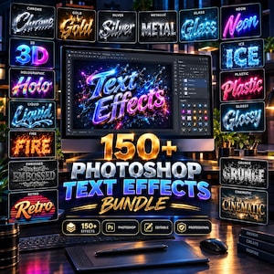 Könnte beinhalten: Ein digitaler Bildschirm mit einem 150+ Photoshop-Texteffekte-Paket mit verschiedenen Stilbeispielen wie Chrom, Gold, Silber, Metallic, Glas, Neon, 3D, Eis, holografisch, Kunststoff, flüssig, glänzend, Feuer, Grunge, geprägt, Retro und filmisch.