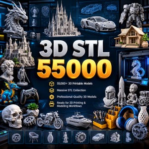 May include: A digital collection of 55,000 3D STL printable models featuring diverse designs including a dragon bust, a gothic cathedral, a sports car, a house, a skull, a motorcycle, a yacht, a robot, and various mechanical gears and household items.