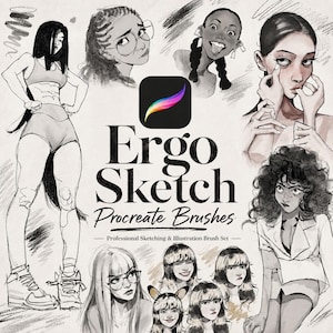 May include: A digital art brush set titled Ergo Sketch Procreate Brushes featuring a black icon with a colorful curved stroke. The display shows various pencil-style character sketches including portraits and a full-body figure in athletic wear.
