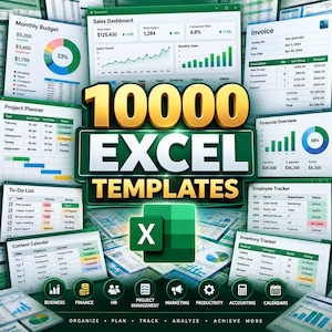 May include: A digital collection of 10000 Excel templates featuring a central green Microsoft Excel logo. The display includes various business dashboards, monthly budgets, project planners, invoices, to-do lists, and inventory trackers.