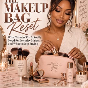 May include: A light pink makeup bag with the text 'BEAUTY FITS A BRIGHTER You' and a heart icon. The bag is surrounded by makeup brushes in a holder, a lipstick, a compact, an eyelash curler, and bottles with labels reading 'LESS CLUTTER MORE BEAUTY' and 'INVEST IN WHAT WORKS'.