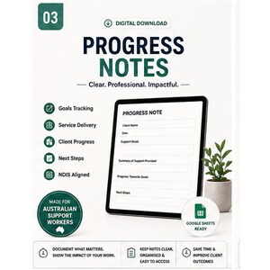 Può includere: Un modello scaricabile digitalmente per note di progresso che mostra su un tablet campi per nome del cliente, data, obiettivi e riepilogo. Il layout include icone per il monitoraggio degli obiettivi e l'allineamento NDIS.