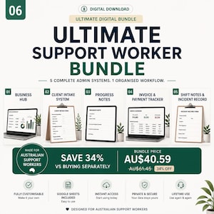May include: A digital download bundle titled Ultimate Support Worker Bundle featuring five admin systems including a business hub, client intake system, progress notes, invoice and payment tracker, and shift notes and incident record for support workers.