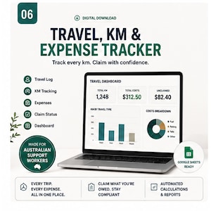 May include: A digital download Travel, KM & Expense Tracker for Australian support workers. The graphic displays a laptop showing a travel dashboard with charts, total kilometers, costs, and unclaimed amounts, alongside text features and Google Sheets compatibility.