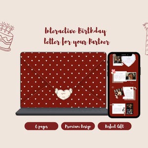 Puede incluir: Un ordenador portátil y un teléfono inteligente muestran una carta de cumpleaños interactiva con un diseño de sobre rojo con corazones. La pantalla muestra el texto Interactive Birthday letter for your partner, 6 pages, Premium Design, Perfect Gift.