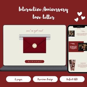 Pode incluir: Uma carta de amor interativa de aniversário exibida na tela de um laptop e smartphone. A interface apresenta um envelope vermelho escuro com um selo de cera, o texto you've got mail e tap on the wax to open it.