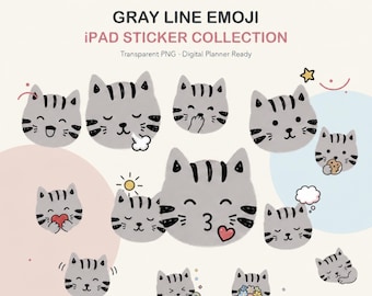 Gray Cat Digital Stickers for iPad | 40 Cozy Emoji PNGs (Digital Download)