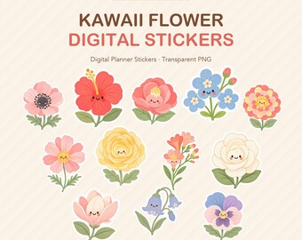 Kawaii Flower Digital Stickers | Japandi-Inspired Planner PNG Pack (12 Designs)