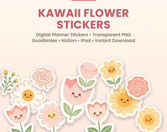 Kawaii Flower Digital Stickers | 12 Hand-Drawn Planner PNGs (Transparent Background)