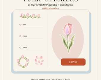 Pastel Tulip Watercolor Stickers, 24 Transparent PNGs for Goodnotes (Digital Download)