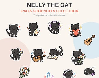 Nelly the Cat Digital Stickers | 24 Goodnotes PNGs (Instant Download)