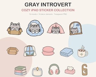 Gray Introvert Cat Digital Stickers | Cozy Mood & Decor PNGs (32 Files)